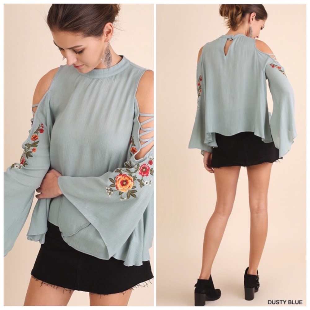 Embroidered Crisscross Cold Shoulder Blouse Blue - Picture 3 of 6